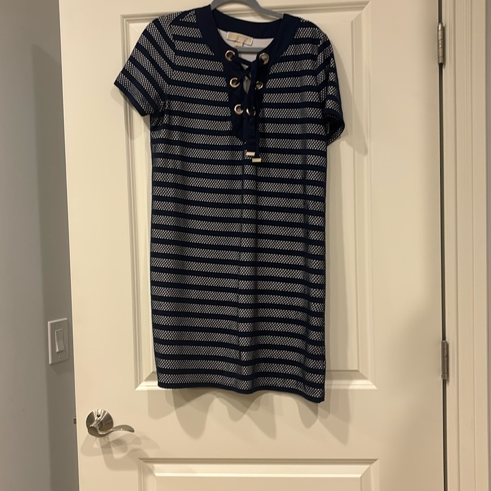 Michael Kors Navy Stripe Lace-Up Dress - L